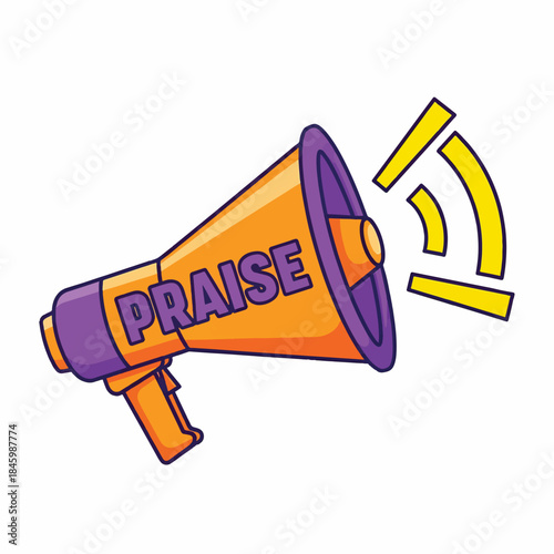 An orange megaphone with purple trim, broadcasting the word PRAISE and sound waves.