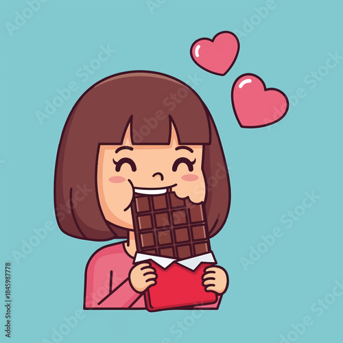 A happy cartoon girl with brown hair is enthusiastically eating a bar of chocolate. Two pink hearts float above her head, indicating love and enjoyment.