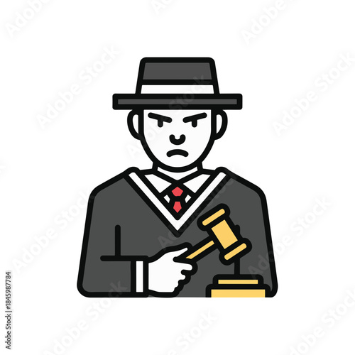Stern judge in a hat and robes holds a gavel, ready to make a ruling. Implies authority, judgment, and justice.