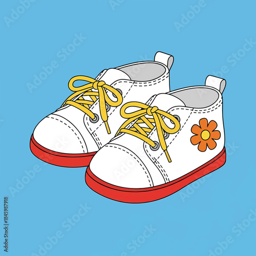 Adorable cartoon baby sneakers with red soles, yellow laces, and a cute orange flower on the side. Perfect for little feet!