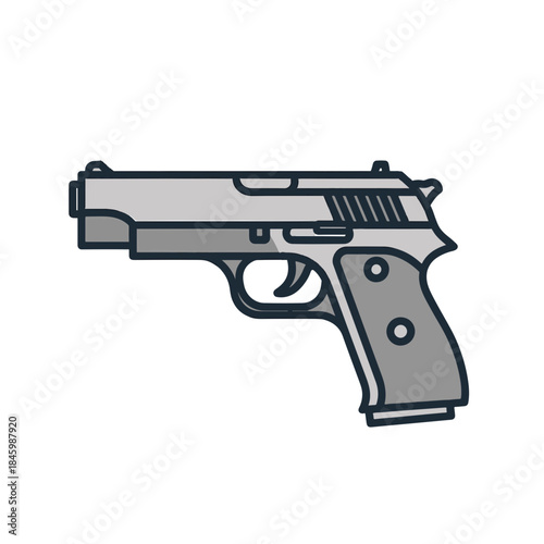 A simple, stylized illustration of a silver handgun with a black grip and slide, depicted on a white background.