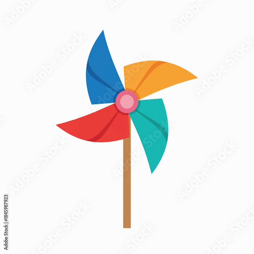 A colorful pinwheel toy with four blades in red, blue, orange, and teal, attached to a brown stick. Isolated on a white background.