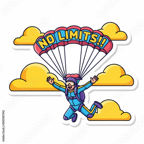 A cartoon skydiver soars through clouds with a NO LIMITS!! parachute, arms outstretched in exhilaration.