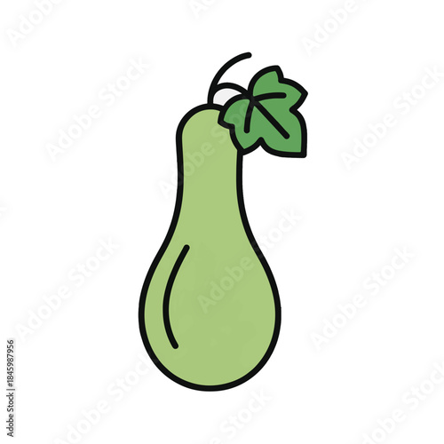 A light green, long, bottle-shaped squash with a green leaf and stem. Simple, clean icon.