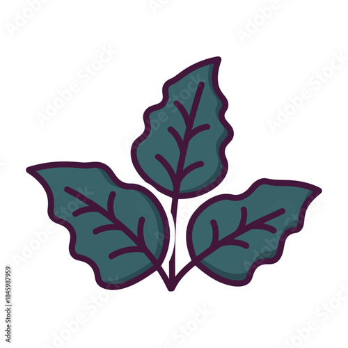 Stylized illustration of three dark teal leaves with purple veins and outlines on a white background.
