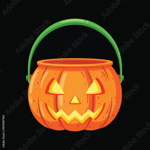 An illustrated cartoon pumpkin candy bucket with a green handle, set against a black background. Its carved face glows with a spooky yellow light.