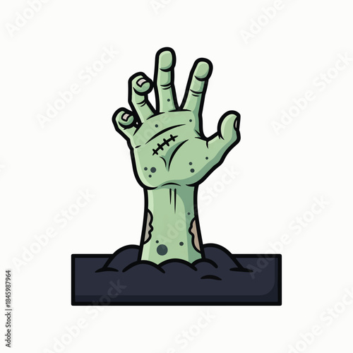 A green, severed zombie hand emerges from dark, ominous soil, its fingers splayed in a claw-like gesture against a stark white background.