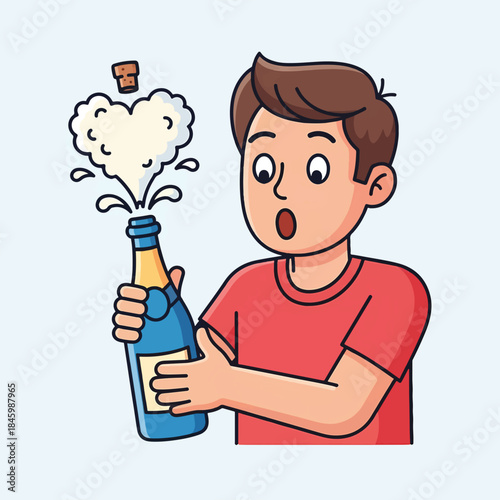 A surprised young man opens a bottle of bubbly, causing it to erupt with foam and a popping cork. Celebration time!
