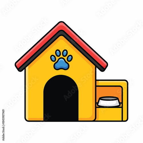 A cartoon illustration of a bright yellow doghouse with a red roof and a blue paw print logo. It features a dark entrance and an attached feeding station with a white bowl.