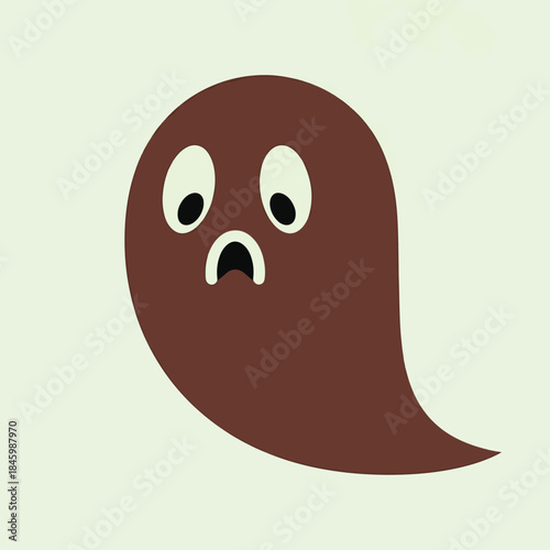 A simple brown ghost with large, sad eyes and a downturned mouth, set against a pale green background.