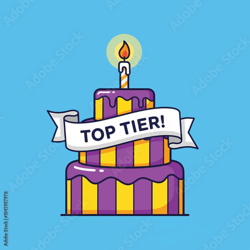 A two-tiered birthday cake with purple and yellow stripes and dripping icing, featuring a candle and a TOP TIER! banner.