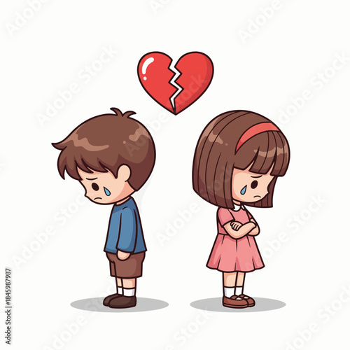 Sad cartoon children with a broken heart above them, symbolizing heartbreak or a breakup.