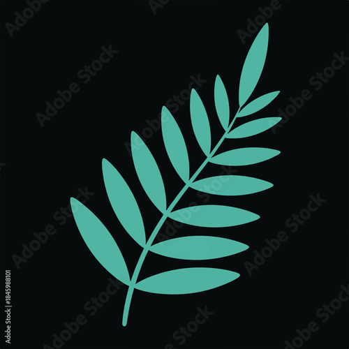 Teal fern frond on a black background. Simple, minimalist design.