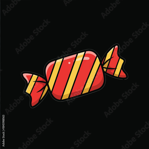 A cartoon illustration of a single wrapped candy, featuring a glossy red wrapper with yellow diagonal stripes and twisted ends, set against a black background.