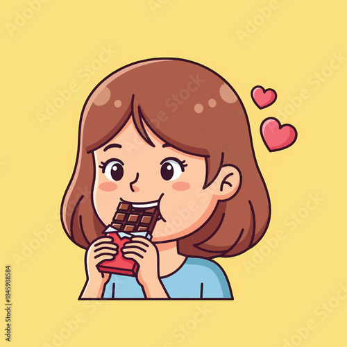 A cute cartoon girl with brown hair happily eats a chocolate bar, her cheeks puffed with delight. Red hearts float nearby, signifying her love for the sweet treat.