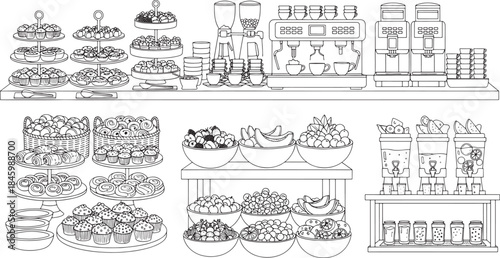 Buffet spread with pastries fruits coffee drinks and serving ware food