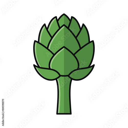 A simple, flat design illustration of a green artichoke with black outlines, depicted against a white background. It's a clean, cartoon-style vector graphic.