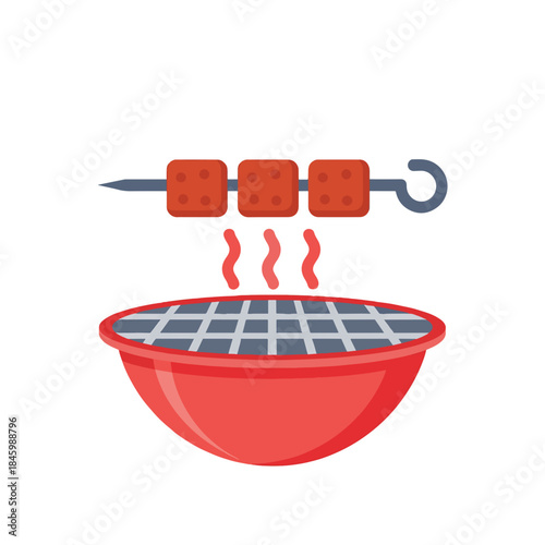 A flat design icon depicting a skewer with three square food items cooking over a red barbecue grill with wavy lines indicating heat or smoke.