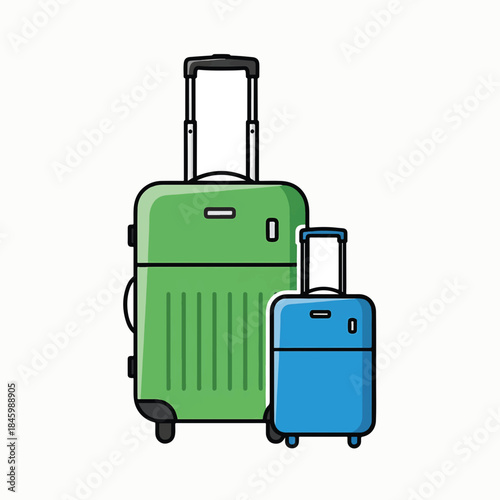 Two travel suitcases, one large green and one small blue, both with wheels and telescopic handles, ready for a trip against a light background.