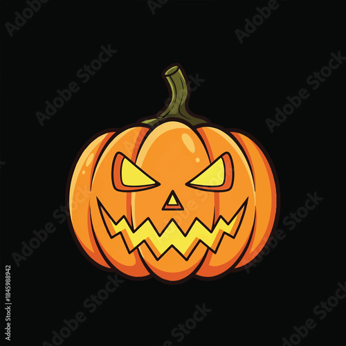 A vibrant orange cartoon jack-o'-lantern with glowing yellow eyes and a menacing jagged smile, set against a dark background, embodying the spooky spirit of Halloween.