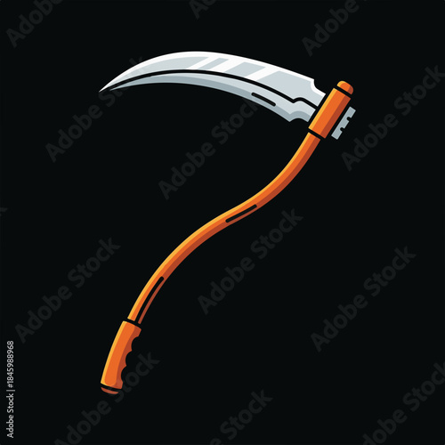 A stylized cartoon scythe with a shiny silver blade and an orange handle, depicted against a solid black background.