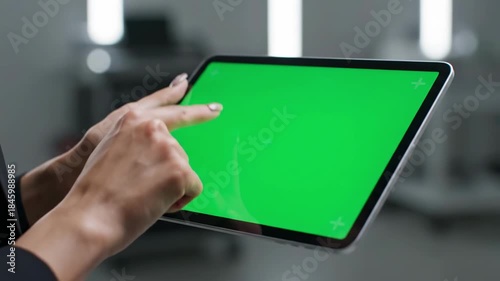 Interactive tablet usage: hands navigating a green screen device indoors