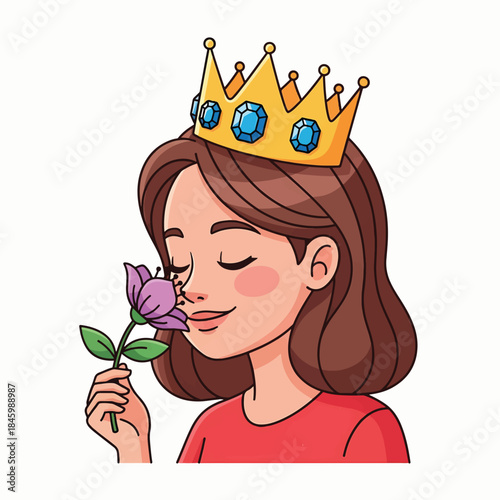 Cartoon illustration of a young woman wearing a golden crown with blue gems, eyes closed, peacefully smelling a purple flower with a serene expression.