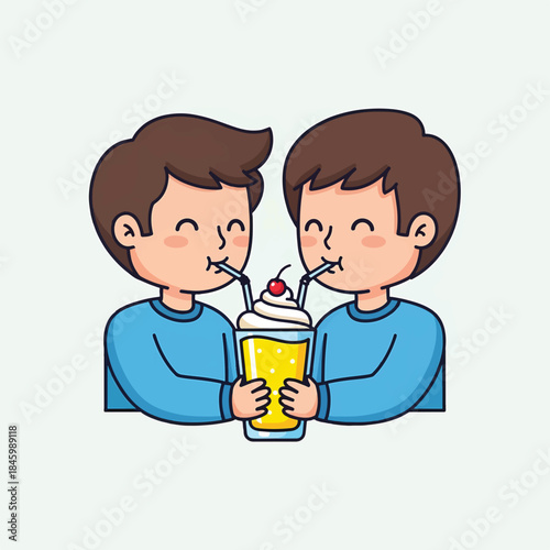 Two happy cartoon boys with brown hair and blue shirts share a yellow milkshake topped with whipped cream and a cherry, both drinking from straws.