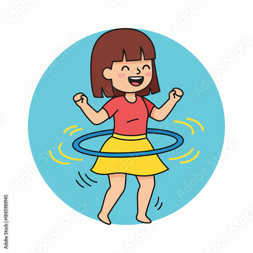 A happy cartoon girl with brown hair is hula hooping, smiling brightly. She wears a red shirt and yellow skirt, set against a circular blue background with motion lines.