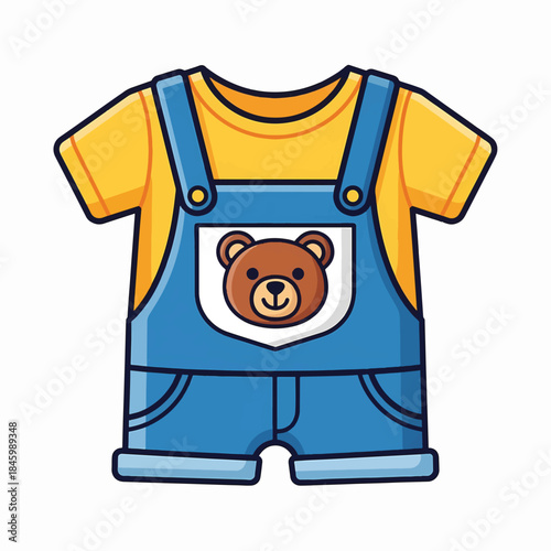 Cartoon illustration of baby clothes: a yellow t-shirt under blue denim overalls with a cute teddy bear face on the front pocket. Ideal for toddlers and infants.