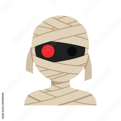 A cartoon mummy with one red eye and one black eye, wrapped in bandages against a white background. Spooky and cute.