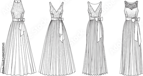  Four black and white line drawings of elegant floor length dresses fashion clothing
