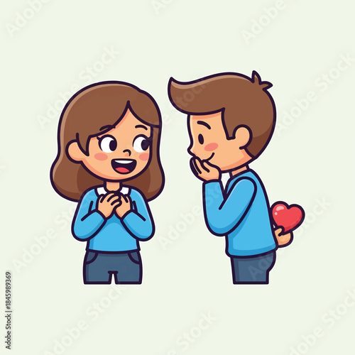 A boy nervously hides a heart behind his back as he smiles at a surprised girl. A sweet romantic moment.
