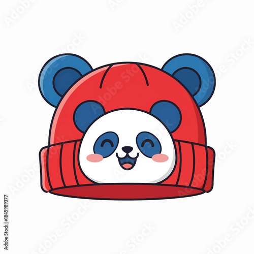 Cute cartoon panda peeking out from a red and blue beanie hat with bear ears, a joyful expression, and rosy cheeks.