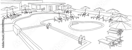 Outline sketch of a resort swimming pool area with lounge chairs and umbrellas vector
