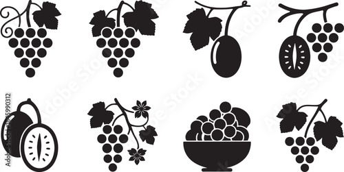 Black silhouette fruit icons grapes kiwi fruit bowl vine leaves fruits