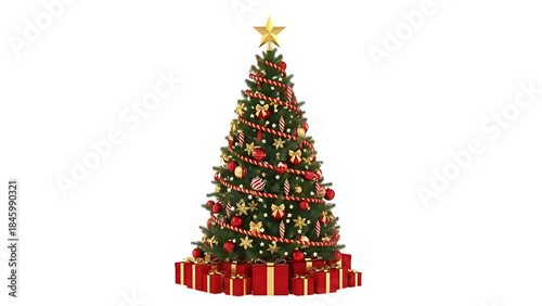 Christmas tree with candy cane decorations and wrapped gifts under it green