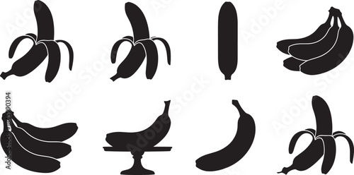Black silhouette illustrations of bananas in various forms and arrangements fruit black and white