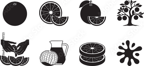 Collection of eight black and white minimalist orange fruit and juice related icons orange slice orange tree