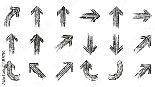 Set of Charcoal Arrows Diverse Directional Symbols for Design and Navigation, Various Styles