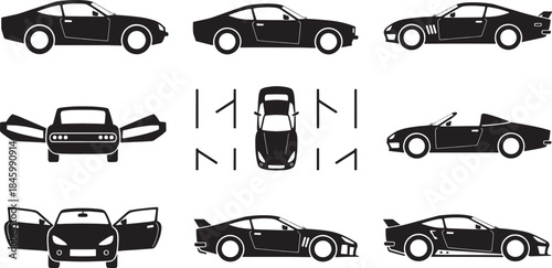 Collection of nine black vector car icons showing different views and open doors white