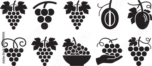 Collection of nine black vector fruit icons including grapes and plum
