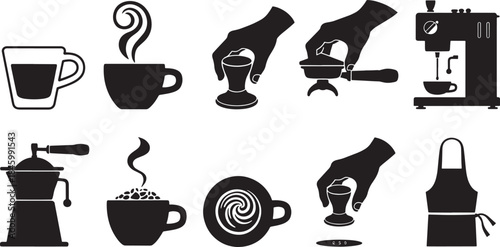 Black coffee making icons including espresso machine grinder cups and apron vector
