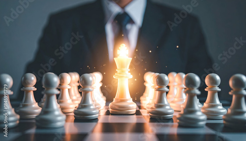Chess strategy and leadership concept featuring illuminated king on chessboard, representing intelligence, planning, dominance, and strategic thinking.