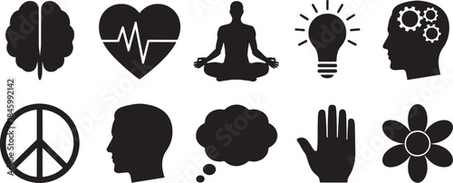 Collection of nine black minimalist vector icons representing mind health and symbols brain icon