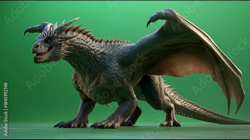 Realistic three dimensional winged dragon roaring on greenscreen turntable.
