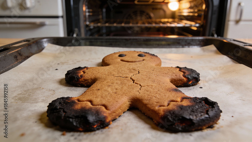Burnt gingerbread man cookie in oven tray  