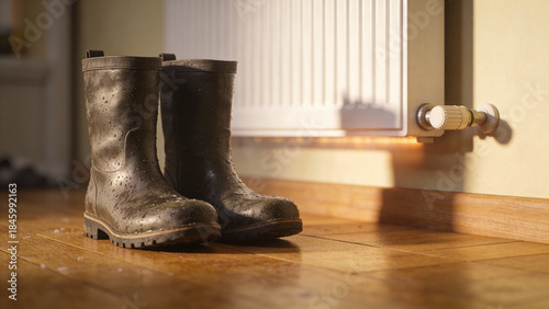 Dirty rubber boots drying near a radiator in a cozy room  