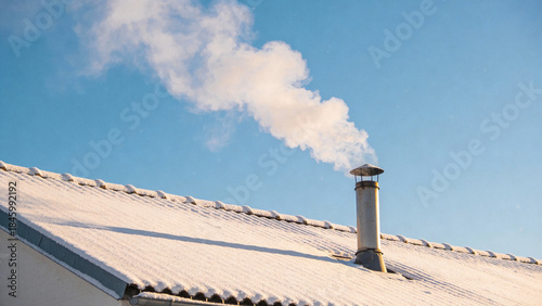 Steam rising from chimney on snowy roof against blue sky  