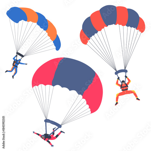 illustration of a group of professional athletes skydiving. vector isolated on white background